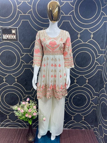 Off White Color Party Wear Georgette Chine Stitched Work Plazo Kurti