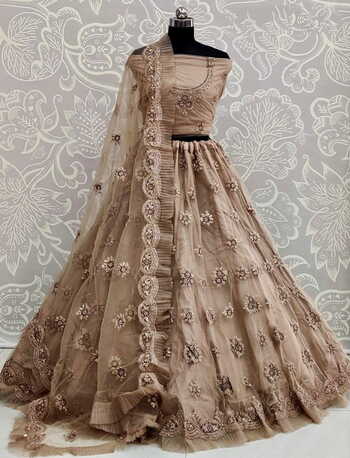 Rapturous Light Copper Color Soft Bridal Net Fancy Embroidered Zari Thread Work Lehenga Choli