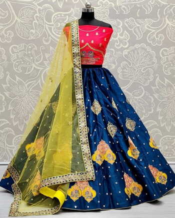 Blue Satin Silk Embroidered Zari Thread Sequence Work Lehenga Choli For Ladies
