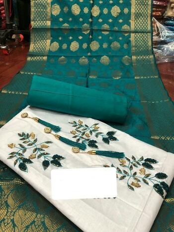 Rama Green Chanderi Cotton With Embroidered Work Salwar Suit For Function Wear