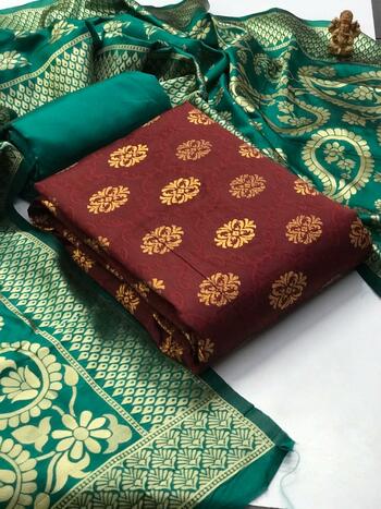 Sophisticated Maroon Color Banarasi Silk All Over Weaving Design Salwar Suit For Party Wear