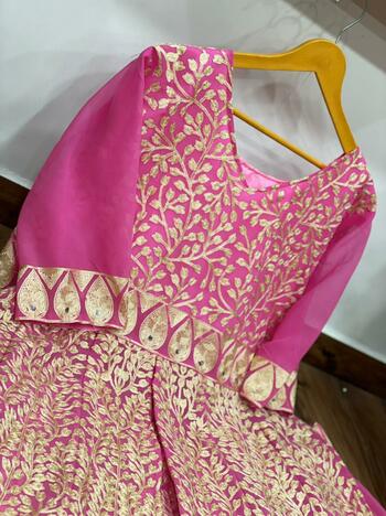 Notorious Rani Pink Color Wedding Wear Full Stitched Georgette Chine Stitched Mirror Hand Work Indo Western Lehenga
