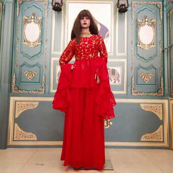 Wedding Red Color Georgette Ready Made Embroidered Work Plazo Kurti For Festive Wear
