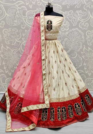 Off White Beautiful Silk Satin Zari Thread Embroidered Mirror Diamond Work Lehenga Choli