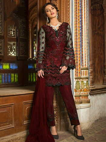 Admiring Barn Red Butterfly Net Sequence Embroidered Work Festive Wear Salwar Suit