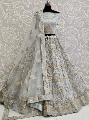 Pretty Grey Color Bridal Wear Diamond Embroidered Thread Zari Work Soft Net Semi Stitched Lehenga Choli