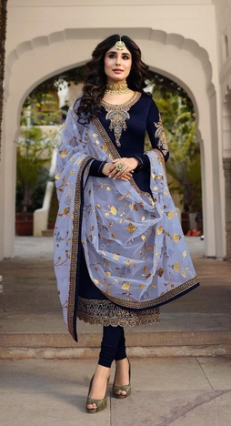 Captivation Navy Blue Color Satin Georgette Classic Stone Embroidered Work Fancy Straight Cut Salwar Suit