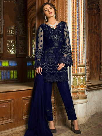 Wonderful Navy Blue Color Sequence Embroidered Work Butterfly Net Salwar Suit For Women