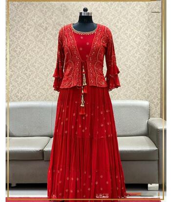 Adorable Red Color Georgette Designer Chine Stitched Work Indo Western  For Women