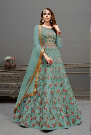 Sea Green Color Embroidered Work Net Party Wear Salwar Suit