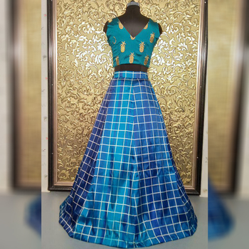 Festive Wear Rama blue Color Taffeta Silk Printed Lehenga Choli