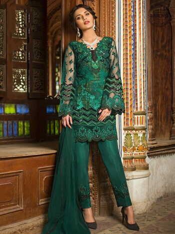 Prominent Pine Color Designer Embroidered Sequence Work Butterfly Net Salwar Suit