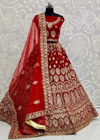 Cheerful Red Color Stylish Bridal Net Soft Zari Diamond Embroidered Thread Work Party Wear Lehenga Choli