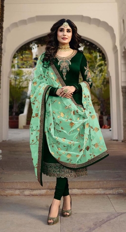 Festival Wear Green Color Classic Satin Georgette Straight Cut Stone Embroidered Work Salwar Suit For Women