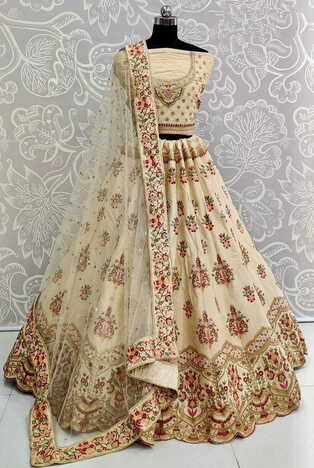 Pleasing Cream Color Satin Silk Diamond Embroidered Sequence Work Wedding Wear Lehenga Choli