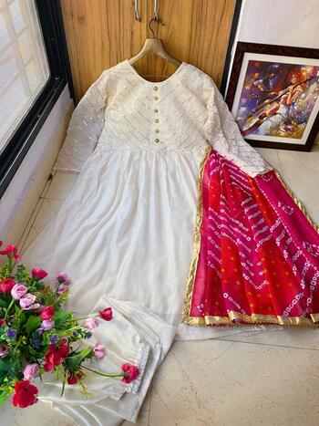 Amazing Off White Color Festive Wear Chanderi Silk Fancy Gotta Patti Work Ready Made Women Wear Salwar Suit Design