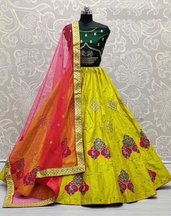 Striking Green Bridal Wear Satin Silk Designer Zari Embroidered Sequence Work Lehenga Choli