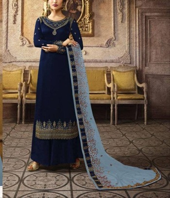 Navy Blue Party Wear Chinon Silk Embroidered Work Salwar Suit