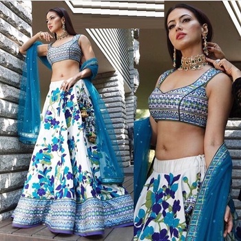 Appealing Blue Color Printed Design Satin Silk Party Wear Lehenga Choli