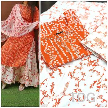 Glourious Orange Colour Bandhani Cotton Printed Kurta Skirt Suit Design