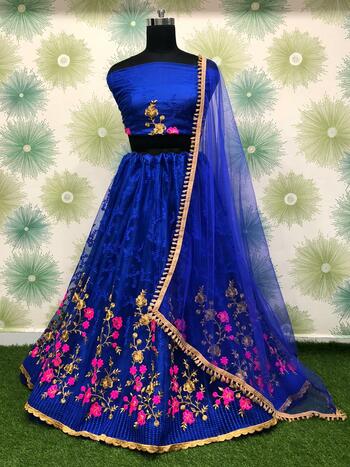 Absorbing Royal Blue Net Fancy Embroidered Zari Work Lehenga Choli Design