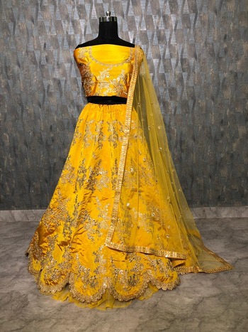 Dazzling Yellow Taffeta Silk Embroidered Zari Work Lehenga Choli For Women