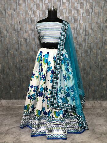 Appealing Blue Color Printed Design Satin Silk Party Wear Lehenga Choli