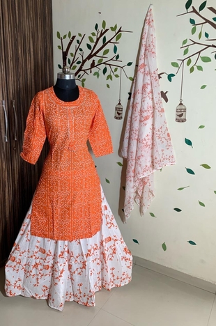 Glourious Orange Colour Bandhani Cotton Printed Kurta Skirt Suit Design