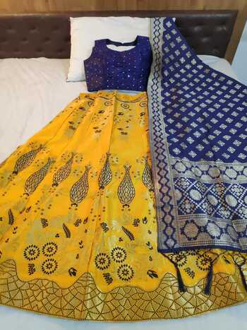 Incredible Yellow Blue Banarasi Brocate With Ready Made Blouse Lehenga For Women