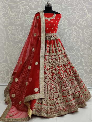 Appealing Red Color Soft Net Diamond Embroidered Thread Work Lehenga Choli Design