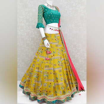 Incisive Yellow Color Function Wear Italian Silk Digital Printed Lehenga Choli Design