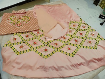 Party Wear Peach Color Taffeta Silk Embroidered Semi Stitched Lehenga Choli For Women