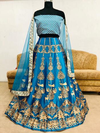 Skyblue Silk With Zari Digital Print Lehenga Choli Design Online