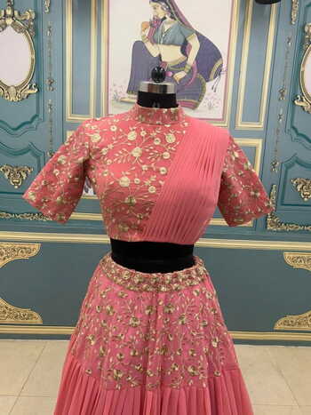 Glorious Pink Georgette Embroidered Zari Work Lehenga Choli