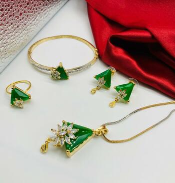 Intricate Green Color Diamond Imitation Jewellery Set For Women