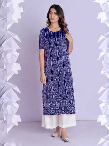 Admiring Royal Blue Color Cotton Thread Work Function Wear Full Stitched Plazo Kurti