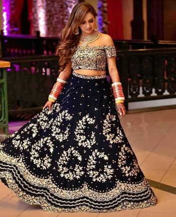 Amazing Navy Blue Color Wedding Wear Tapetta Velvet Embroidered Work Lehenga Choli