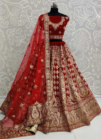 Outstanding Red Color Function Wear Soft Velvet Gotta Patti Dori Sequence Embroidered Work Lehenga Choli