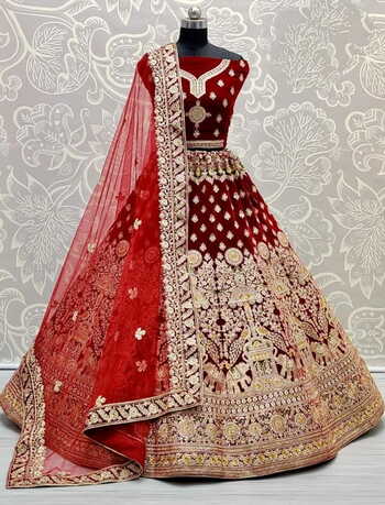Red Zari Embroidered Multi Thread Zarkand Diamond Work Designer Velvet Lehenga Choli