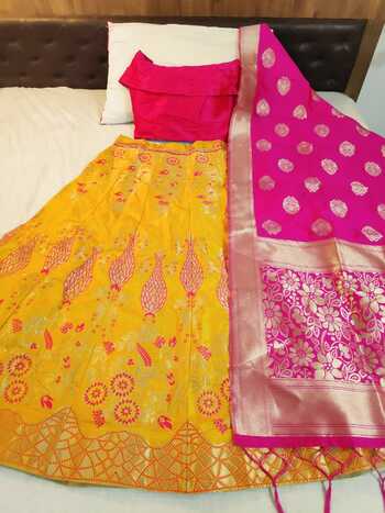 Breathtaking Pink Yellow Banarasi With Brocate Designer Lehenga Choli For Party Wear
