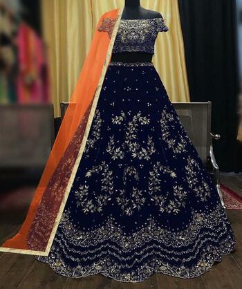 Amazing Navy Blue Color Wedding Wear Tapetta Velvet Embroidered Work Lehenga Choli