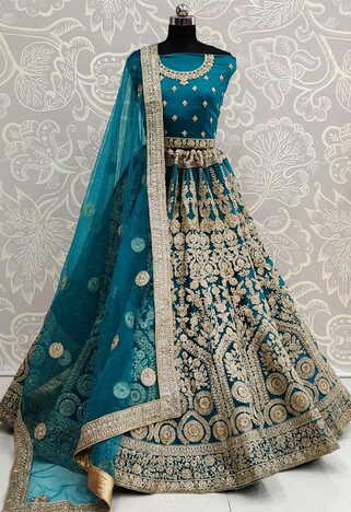 Alluring Rama Blue Color Beautiful Soft Net Embroidered Diamond Thread Work Lehenga Choli For Women