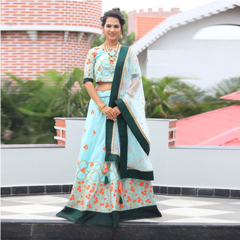 Irresistible Sky Green Color Slub Cotton Embroidered Lehenga Choli For Women
