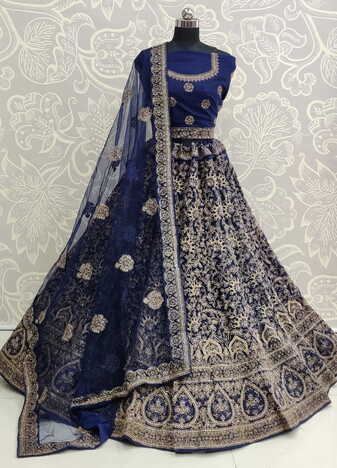 Enchanting Blue Color Designer Soft Net Zari Embroidered Diamond Thread Work Lehenga Choli