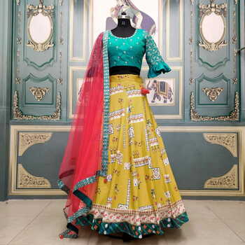 Incisive Yellow Color Function Wear Italian Silk Digital Printed Lehenga Choli Design