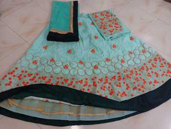 Irresistible Sky Green Color Slub Cotton Embroidered Lehenga Choli For Women