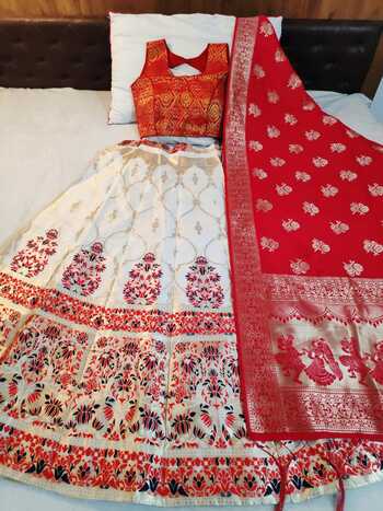 Red Banarasi Brocate With Ready Made Blouse Lehenga Choli For Wedding Wear