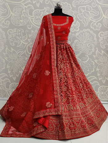 Extraordinary Red Color Embroidered Diamond Zari Thread Work Soft Net Lehenga Choli For Bridal Wear