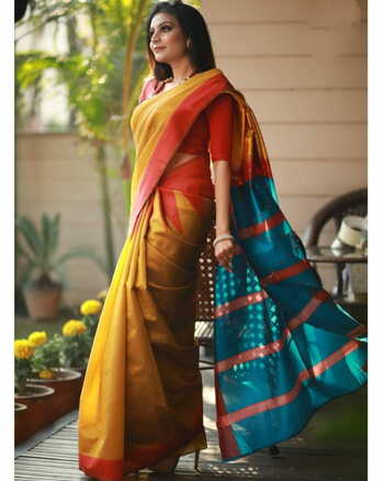 Yellow Kanchipuram Lichi Soft Silk Designer Silver Zari Weaving Saree Blouse