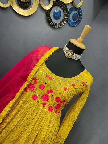 Yellow Color Wedding Wear Georgette Embroidered Work Gown Dupatta
